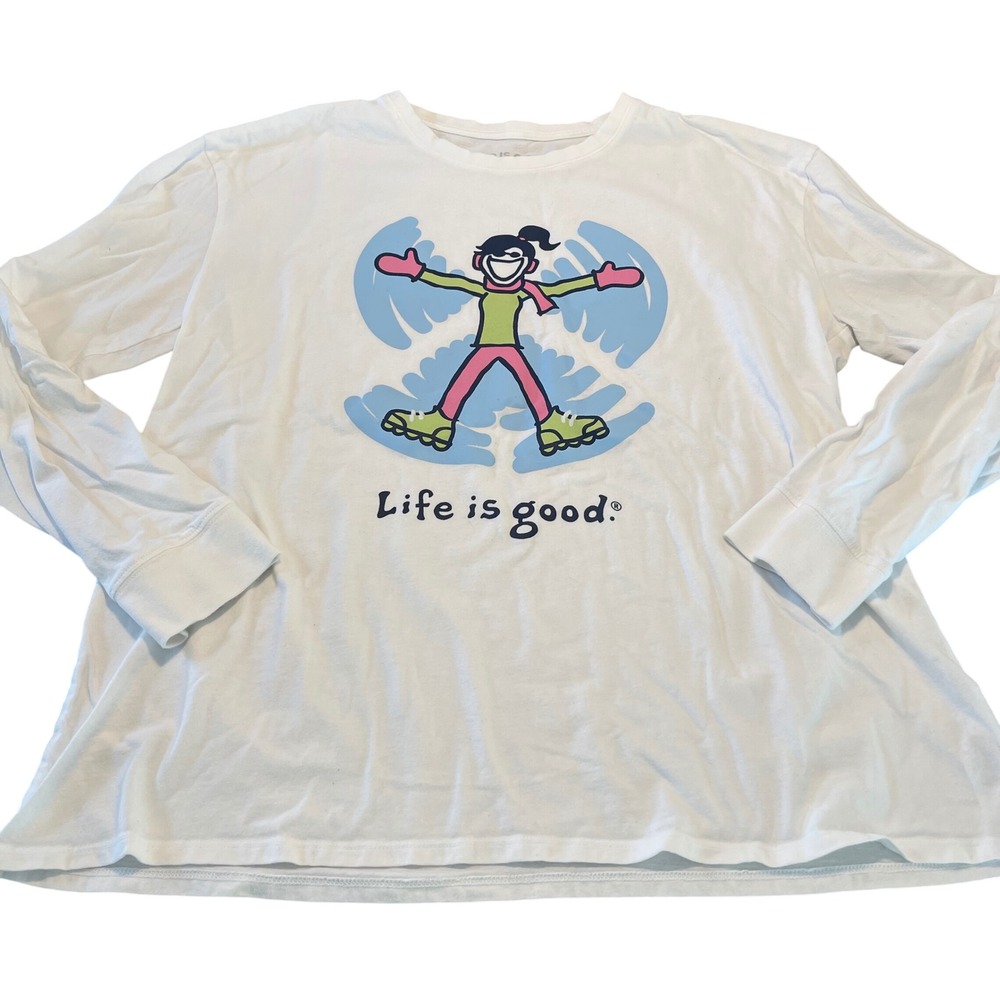 Life is Good Sleep Shirt Womens Large White Snow Angel‎ Graphic Long Sleeve Tee